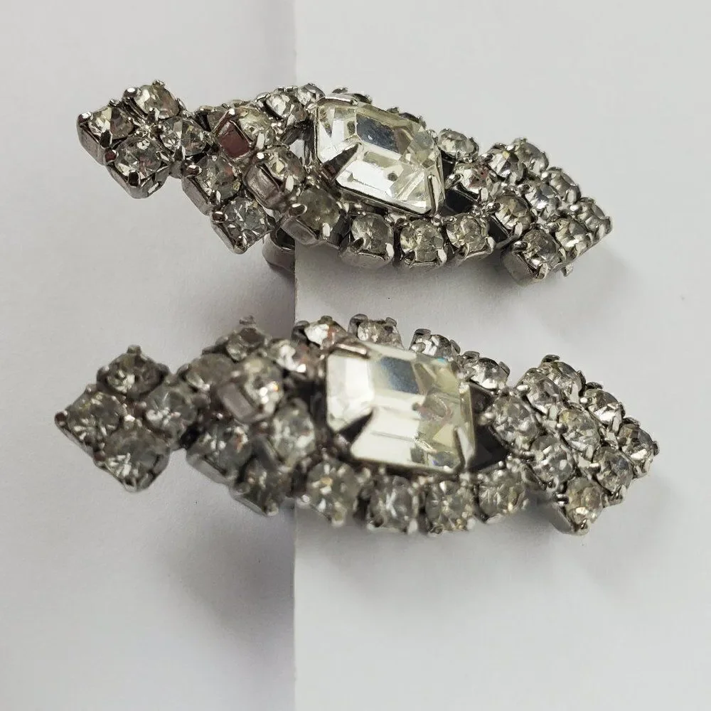 Vintage Clear Crystal Rhinestone Glass Statement Silver Tone Clip‎ On Earrings - Picture 4 of 10